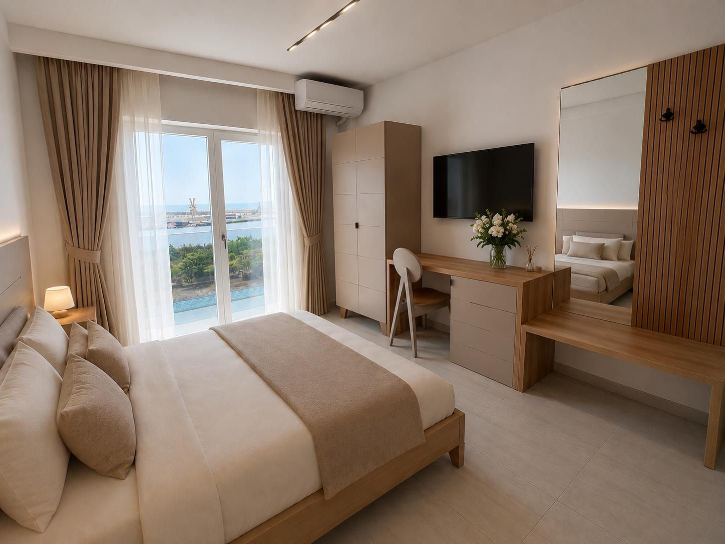 Camera văzută dinspre balcon — TV și birou